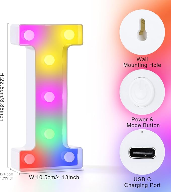 mooncow Rechargeable Light Up Letters,Colorful Marquee Letters with Remote,Gift Wrap Gifts,Bedroom Home Bar Party Decor (I)