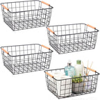 Metal Black Wire Basket,Food Storage Basket Organizer with Wooden Handles for Organizing,pantry and organizers Kitchen Cabinets Shelf potato onion, 4 Packs-Black
