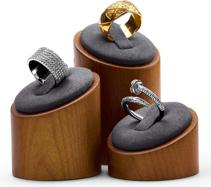 Oirlv Solid Wood 3 Pcs Ring Display Stand Showcase Jewelry Organizer Holder for Rings Trade Show Countertop Ring Bearer(Grey)