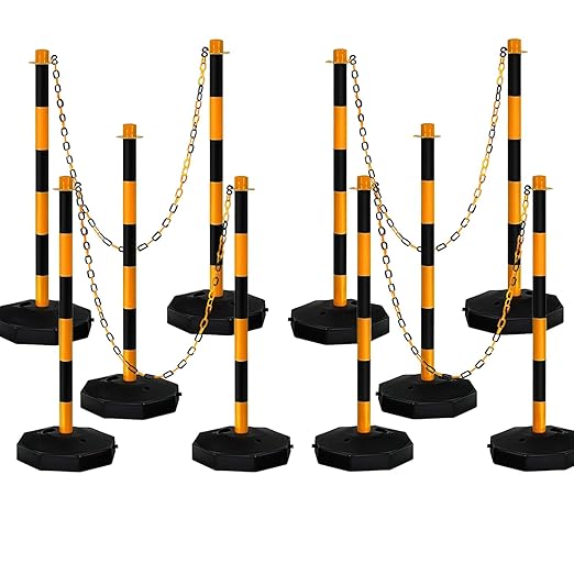 Adjustable Traffic Delineator Post Cones,10 Pack 34Inch,Traffic Safety Delineator Barrier with Fillable Base 6.6FT Chain,for Traffic Control Warning Parking Lot Construction Caution Roads,Yellow&Black