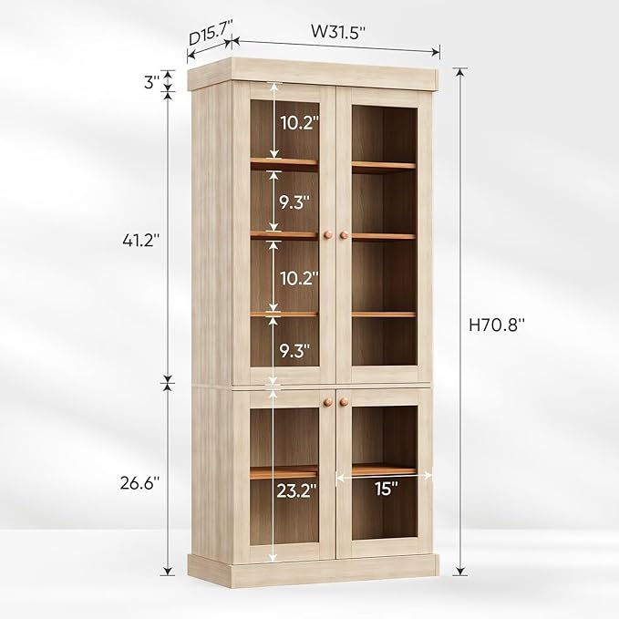 Vyre 70.8" Tall Brown Bookshelf with Glass Doors, Farmhouse Modular Bookcase with 6-Tier Adjustable Shelves, Large Storage Cabinet for Home Office, Living Room