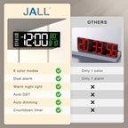 JALL 16" Large Digital Wall Mount Clock, Count Down Timer, Alarm, Big LED, RGB Color, DST, Temperature for Living Room Classroom Desk, Xmas, Birthday Gift for Senior Mom Dad (White Green, 16 inches)