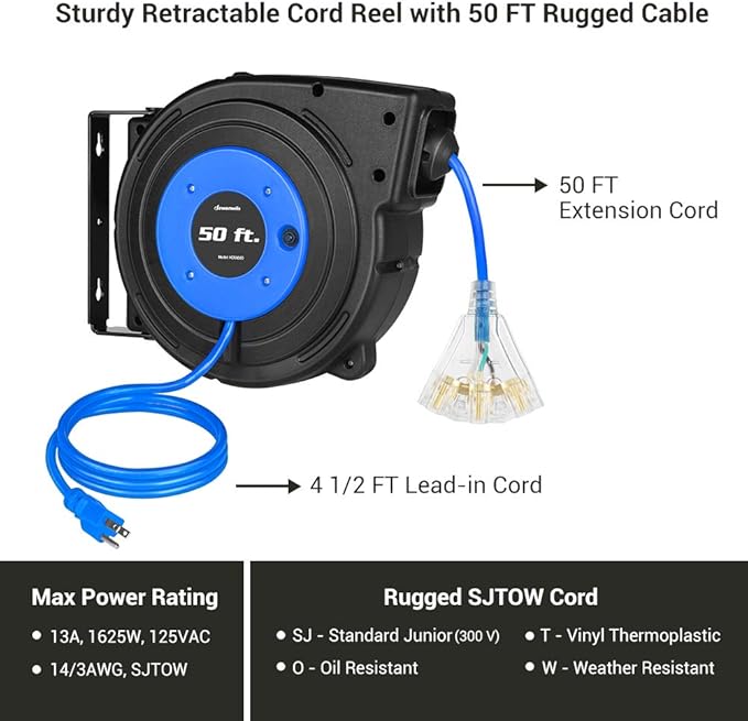 DEWENWILS Retractable Extension Cord Reel, 50 FT Heavy Duty Power Cord, 14AWG/3C SJTOW, 3 Grounded Outlets Lighted Triple Tap, 13 Amp Circuit Breaker, UL Listed