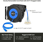 DEWENWILS Retractable Extension Cord Reel, 50 FT Heavy Duty Power Cord, 14AWG/3C SJTOW, 3 Grounded Outlets Lighted Triple Tap, 13 Amp Circuit Breaker, UL Listed