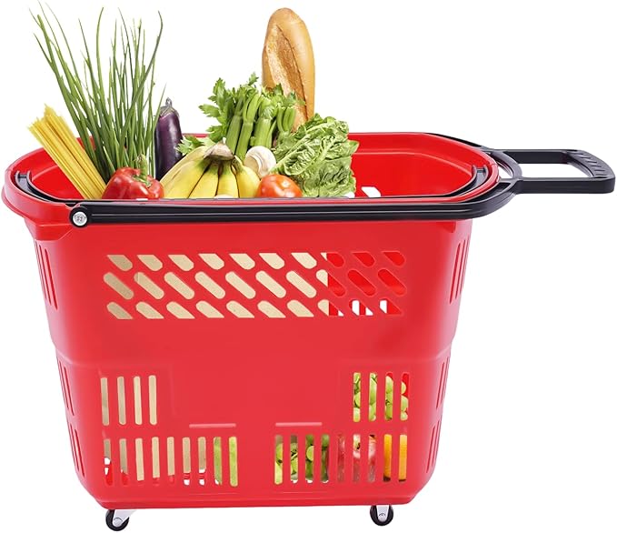 6PCS 35L Rolling Shopping Baskets with Wheels Portable Grocery Basket Set with Handles Plastic Shopping Cart for Supermarkets, Retail Stores, Bookstores (Red)