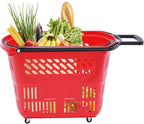 6PCS 35L Rolling Shopping Baskets with Wheels Portable Grocery Basket Set with Handles Plastic Shopping Cart for Supermarkets, Retail Stores, Bookstores (Red)