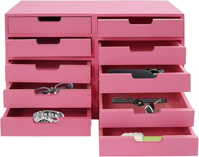 4-piece Drawer Cabinet, Organizer Sorter Container Keeper Unit Storage Box Stackable Chest Divider Shelf System with 10 Drawers & 4 Stackable Units for Home Office Study Room Dorm Bedroom(Pink)