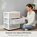 3 Drawer Wide Plastic Storage Cart with Clear Pull-Out Drawers & 4 Wheels - Medium Home Organization Container for Classroom Bathroom Dorm Bedroom Laundry Room (White)