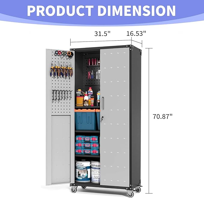 Metal Garage Storage Cabinet on Wheels, Lockable Rolling Tool Cabinet with Doors and Adjustable Shelves, Heavy Duty Mobile Tool Cabinets for Garage Warehouse Workshop