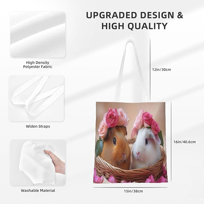 Adorable Rabbits With Flower Crowns, Basket Canvas Tote With Lightweight Foldable Shopping Bag For Daily Use