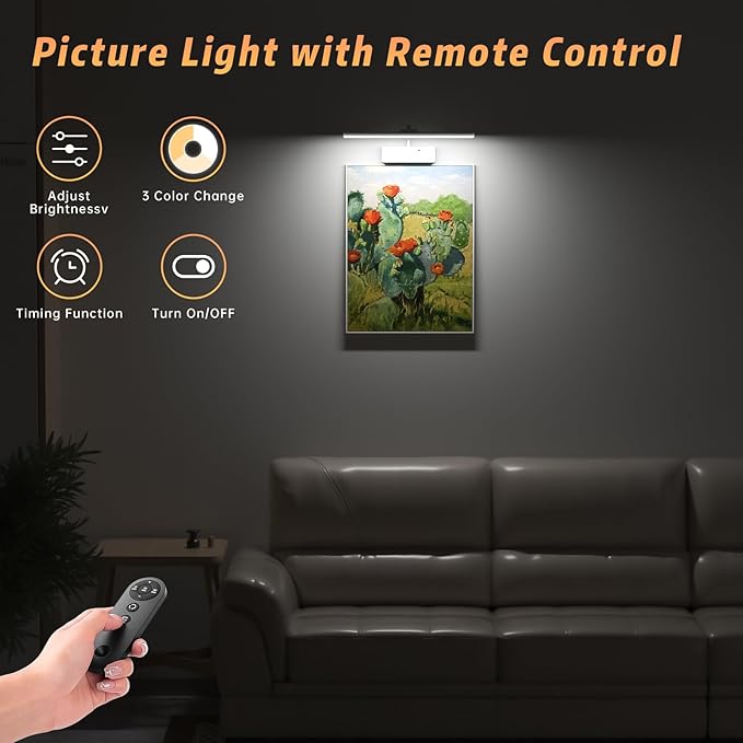 Lightbiz Picture Light, 15.35inch 5400mAh Rechargeable Picture Lights for Wall Battery Operated Wall Lights with Remote, 3 Colors Paintings Light Dimmable Art Light for Artwork, Gallery (White)