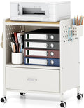 TOOLF 1-Drawer Mobile File Cabinet with Wheels, MDF Wooden Panel Printer Stand with Adjustable Shelves, 2 Storage Bins & 4 Hooks, Home Office Organization