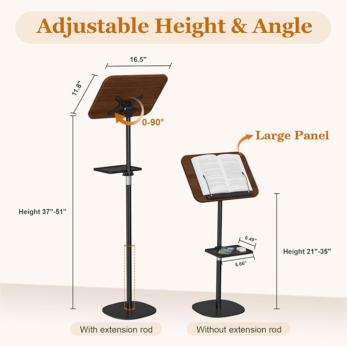 Snughome Lectern Podium Stand with Storage Tray, Height Adjustable Lectern Stand Mobile Podium, Portable Floor Standing Podium Lectern for Church, Weddings, Classroom, Speech
