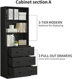 TUSY 71" H Bookshelf Bookcase with Doors, 3-Tier Modern Bookshelves with 3 Large Drawer, Display Bookcase with Glass Doors, Modern 5-Tier Curio Cabinet for Home Office, Dining Room (Black, ABA)
