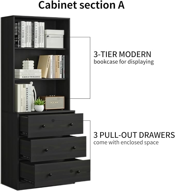 TUSY 71" H Bookshelf Bookcase with Doors, 3-Tier Modern Bookshelves with 3 Large Drawer, Display Bookcase with Glass Doors, Modern 5-Tier Curio Cabinet for Home Office, Dining Room (Black, ABBA)