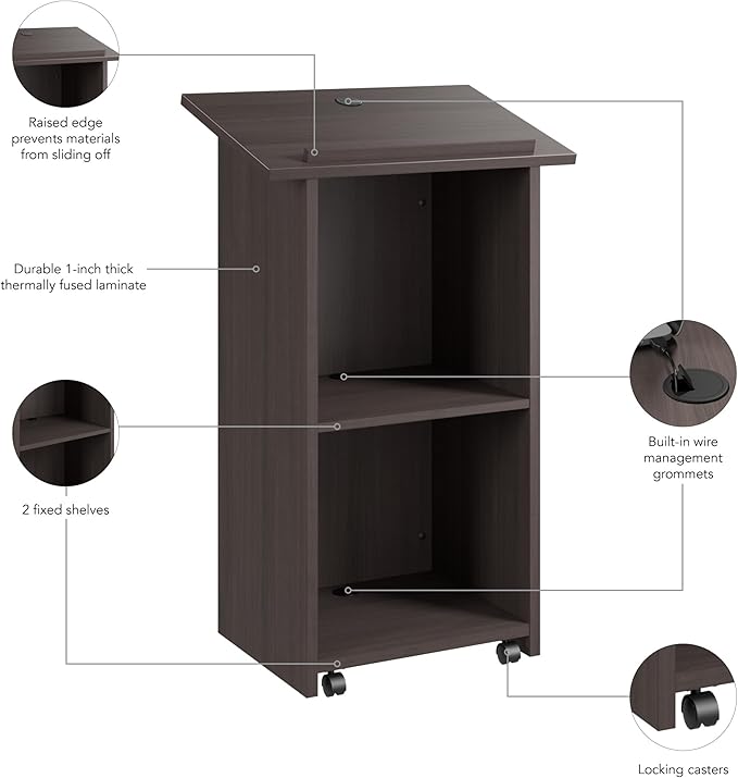 Bush Business Furniture Podium Lectern, 48 inch Tall, Professional-Grade Mobile Presentation Stand Up with Shelves, Envision Collection, Gray