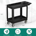 Heavy Duty Utility Rolling Tool Cart, 550 lbs Capacity Plastic Rolling Carts with 360°Swivel Wheels, 40 x 17 Inch Service Cart, 2 Shelf Work Cart for Warehouse,Garage, Cleaning, Black