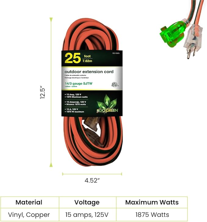 Go Green Power Inc. (GG-13825) 14/3 SJTW Outdoor Extension Cord, Lighted Extension Cord, 25 ft