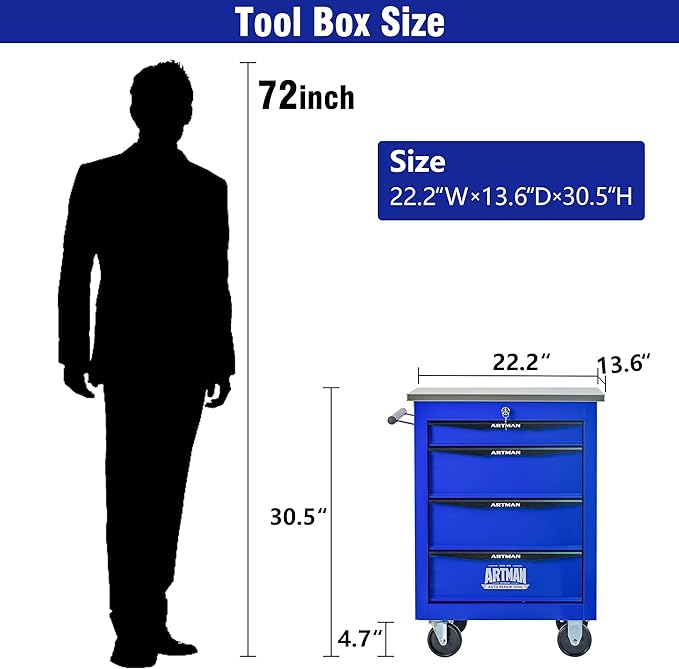 4 Drawers Tool Cart on Wheels with Stainless Steel Worktop, Heavy Duty Mobile Rolling Drawer Tool Chest with Locking Wheels & Lockable Drawers, Garage Tool Storage Cabinet (Blue, 4 Drawers)