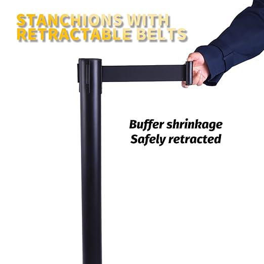 6PACK BESEA Crowd Control Stanchions with 10 FEET Retractable Belts, Water Filled Base Weighted Barriers Black Post