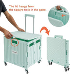 Folding Utility Cart Portable Rolling Crate Handcart Shopping Trolley Collapsible Tool Box, with Lid, Basket on 4 Rotate Wheels, for Grocery, Office, Teacher, Travel Shop Move Luggage (Green)