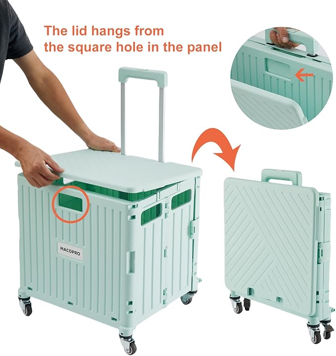 Folding Utility Cart Portable Rolling Crate Handcart Shopping Trolley Collapsible Tool Box, with Lid, Basket on 4 Rotate Wheels, for Grocery, Office, Teacher, Travel Shop Move Luggage (Green)