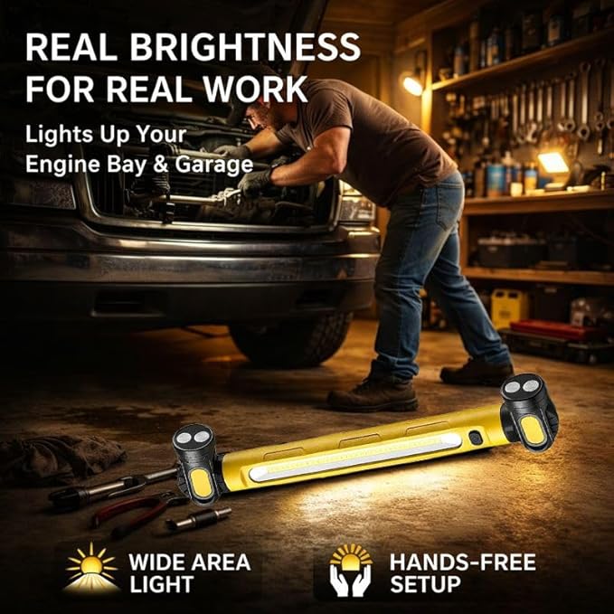 2026 Under Hood Work Light Bar, 3000 Lumen LED Magnetic Rechargeable Work Light with Hooks, 5200mAh Cordless Underhood Light for Mechanic, Car Repair, Garage, Emergency - Yellow