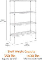Amazon Basics 4-Shelf Adjustable Heavy Duty Steel Wire Rack Storage Shelving Organizer for Kitchen, Garage, 36" L x 14" W x 54" H, Chrome Silver