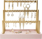 SANY DAYO HOME 3-Tier Earring Holder Organizer Stand, 105 Holes Gold Metal Earring Rack Jewelry Display Tree with Pink Wood Tray for Women and Girls