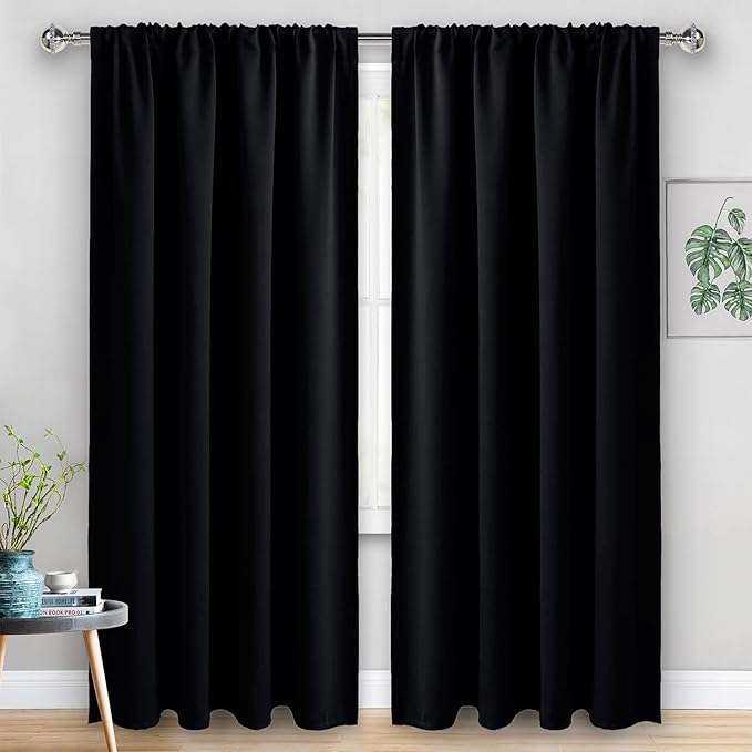 JIUZHEN Blackout Curtains for Bedroom - 70 x 84 Inch Extra Wide Privacy Assured Thermal Insulated Room Darkening Room Divider Curtain Cover for Living Room, Set of 2 Panels with Tiebacks, Black