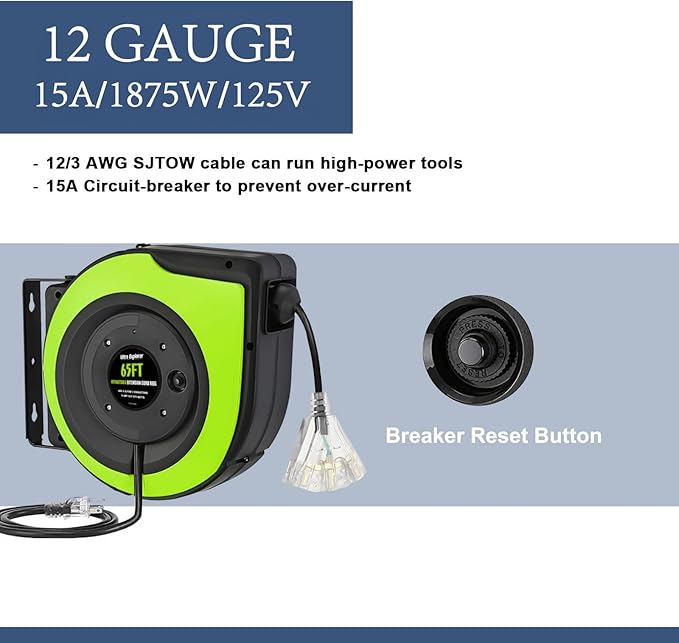 Retractable Extension Cord Reel, 65 Feet 12 AWG/3C SJTOW Heavy Duty Power Cord,15 AMP Circuit Breaker, 3-Lighted Triple Outlets, Ceiling or Wall Mount,Green