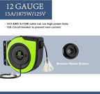 Retractable Extension Cord Reel, 65 Feet 12 AWG/3C SJTOW Heavy Duty Power Cord,15 AMP Circuit Breaker, 3-Lighted Triple Outlets, Ceiling or Wall Mount,Green