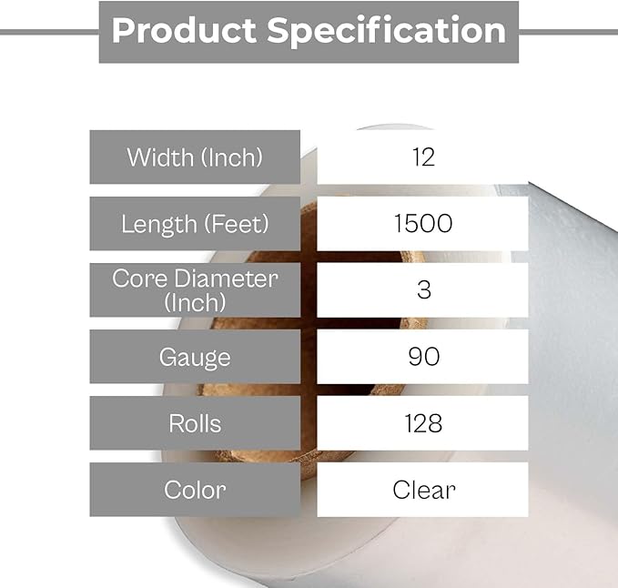 PSBM 128 Rolls 12 Inch x 1500 Feet 90 Gauge Stretch Film/Wrap, Heavy Duty Industrial Strength Clear Shrink Plastic Wrap for Moving, Packing, Shipping, Pallet Wrapping & Storage