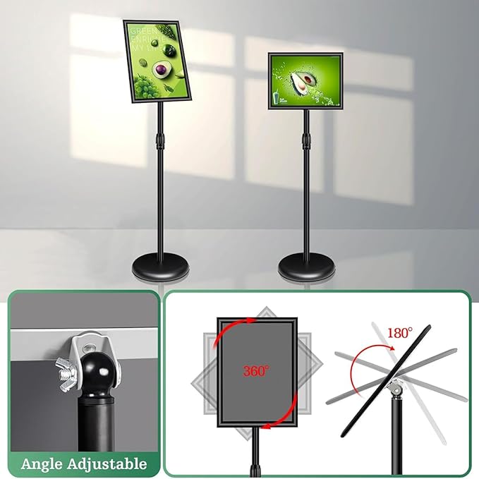 Adjustable Sign Holder Stand 8.5x11 inch, Floor Standing Sign Holder, 360° Rotation, Signage Stand with Snap-Open Frame Display, Outdoor Indoor Standing Display Sign Holders for advertising
