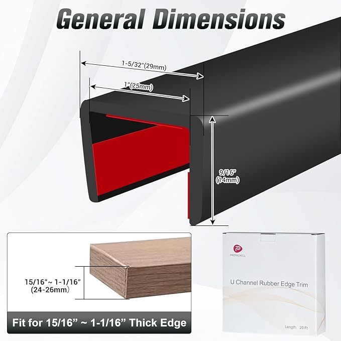 Rubber Edge Trim, Self Adhesive U Channel Edge Trim, Big Size U Shaped Trim, Edge Banding for Plywood, Woods, Shelf, Cabinet, Countertop, Size 1", Length 20Ft, Black