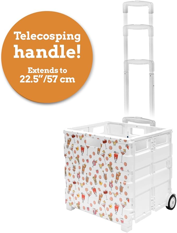 Inspired Living Ultra-Slim Rolling Collapsible Storage Pack-N-Roll Utility-carts, with Telescopic Handle, for Home, Garden, Shopping, Office, School use, Large, White, Cocktail Print