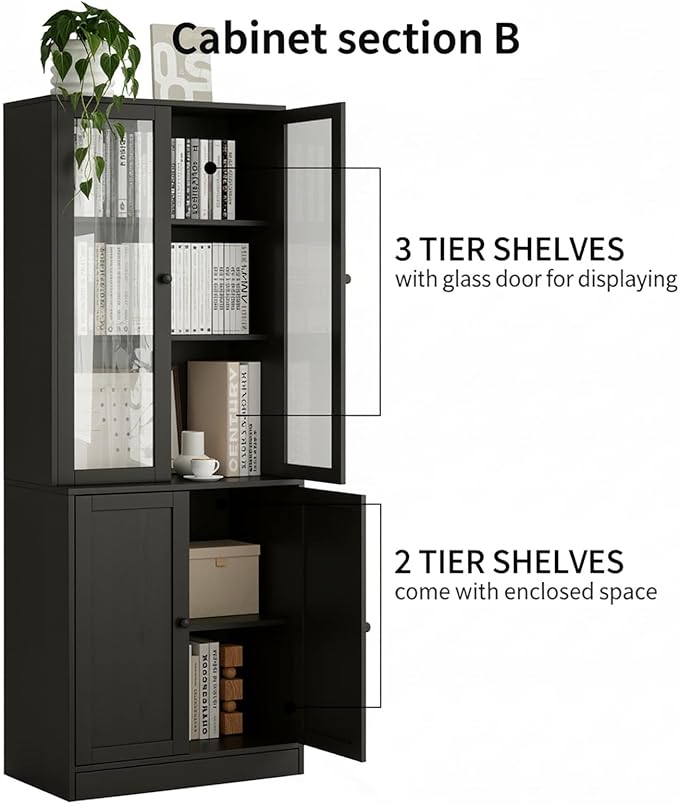 TUSY 71" H Bookshelf Bookcase with Doors, 3-Tier Modern Bookshelves with 3 Large Drawer, Display Bookcase with Glass Doors, Modern 5-Tier Curio Cabinet for Home Office, Dining Room (Black, ABBA)