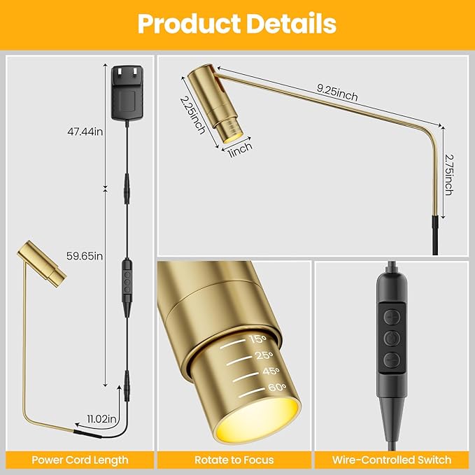 2 Pack Zoomable Picture Light Spotlight,Plug in LED Picture Lights for Wall 3000K Photo Frame Light with Remote Control Art Lighting for Paintings Gold Mini Accent Spotlights for Gallery