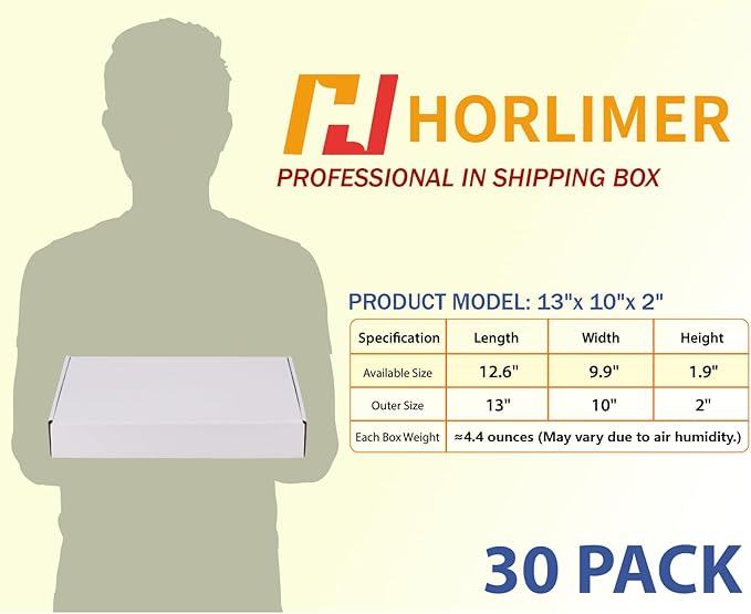 HORLIMER 13x10x2 Shipping Boxes Set of 30, White Corrugated Cardboard Mailer Box for Packing Small Business