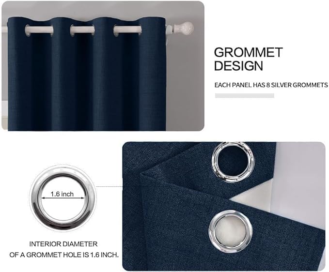 MIULEE Linen Textured Curtains Solid 100% Blackout for Bedroom Thermal Insulated Midnight Blue Grommet Room Darkening Curtains & Drapes Luxury Decor for Living Room Nursery 52 x 72 Inch (2 Panels)
