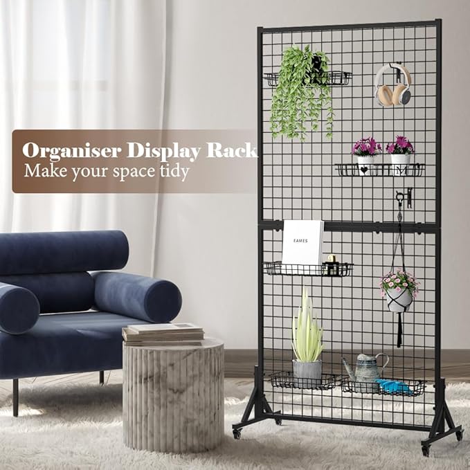 Kokorona 2-Pack 2.9' x 6' Grid Wall Panel Display Stand with 10 Grid Hooks, Wire Grid Wall Display Rack with Rubber Wheels, Floorstanding Art Display Panels for Art Craft Show, Retail Display Stand