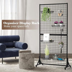 Kokorona 2-Pack 2.9' x 6' Grid Wall Panel Display Stand with 10 Grid Hooks, Wire Grid Wall Display Rack with Rubber Wheels, Floorstanding Art Display Panels for Art Craft Show, Retail Display Stand