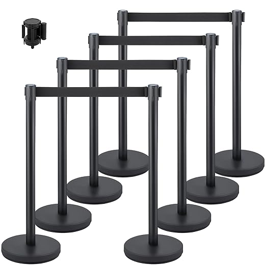 VEVOR Crowd Control Stanchion Set, Stanchion Set with 6.6 ft/2 m Black Retractable Belt, Black Crowd Control Barrier w/Concrete and Metal Base - Easy Connect Assembly (8)