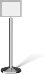 Crowd Control Warehouse Pedestal Standing Floor Sign Frame with Sloped Base, 11 x 14 Inch Horizontal, Polished Stainless Steel