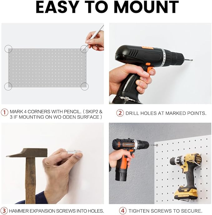 Pegboard, Metal Peg Board, Pegboards Wall Organizer with 76 Pcs Hooks, Sturdy Peg Board for Garage Tool Organization, Home & Office Wall Decoration (White, 4 Pack)