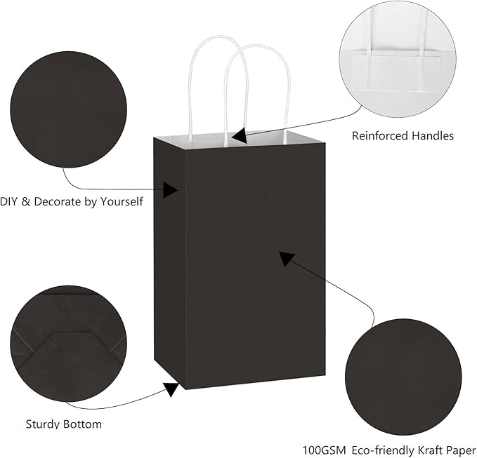 Toovip 100 Pack 5.25x3.25x8.25 Inch Small Black Kraft Paper Bags with Handles Bulk, Gift Wrap Bags for Favor Grocery Retail Party Birthday Shopping Business Goody Craft Merchandise Take Out Cub Sacks