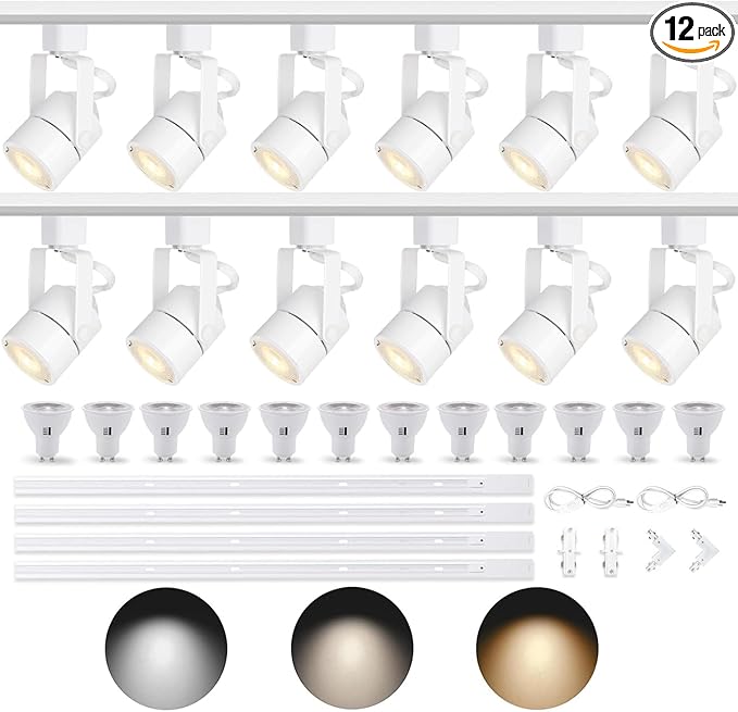 Dimmable LED GU10 Track Lighting Kit with Replaceable GU10 Bulbs, 12-Pack All-in-One Plug in 3CCT Ceiling Spotlights with 13.1FT Track Rails, Accent Lighting for Home, Store, Moblie Cart and Office