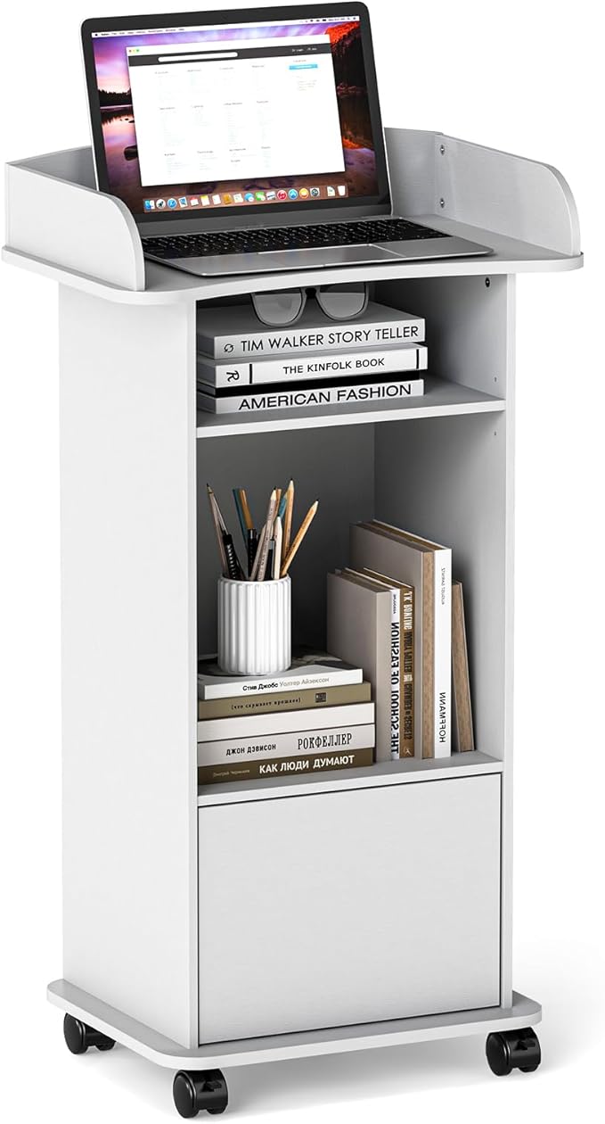 Podium Stand Portable,Mobile Pulpit Podium with Lockable Wheels,Wooden Hostess Stand Reception Desk with Adjustable Shelf and Storage Cabinet for Churches Conference School