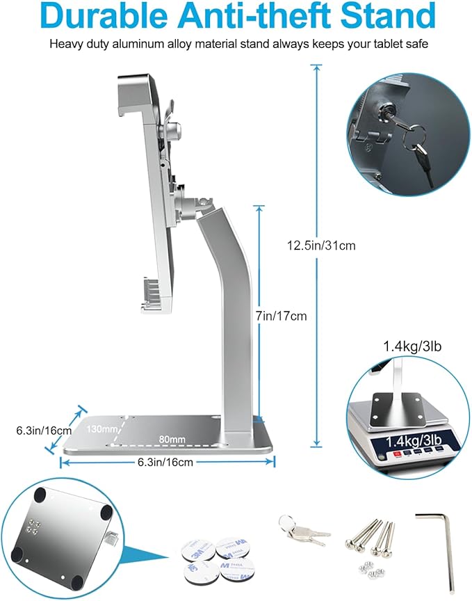 woleyi Anti Theft Tablet Kiosk Stand for 9"-14" Tablet, Security iPad Desk Floor Stand, Heavy Duty Tablets POS Display Mount with Lock and Key, Compatible iPad Pro 13/Air, Surface Pro/Go, Galaxy Tabs