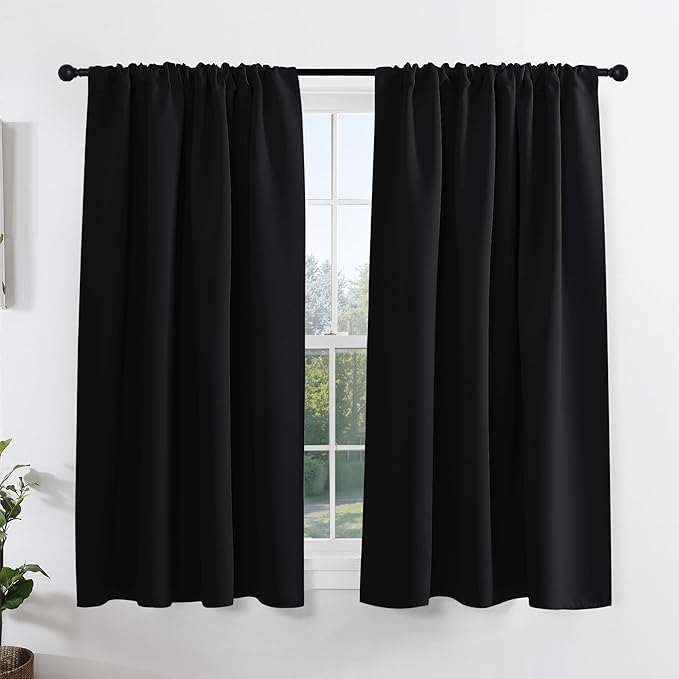 PONY DANCE Blackout Short Window Curtain Panels 40 inch Long - Thermal Insulated Rod Pocket Drapes for Bedroom Dorm Storage Cabinet Basement Farmhouse Decor, Black, W 42 x L 40 inches, 2 Panels